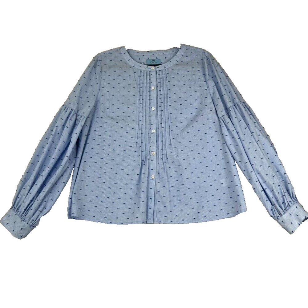 CECE Blouse Pintuck Pleated Button Down Women Bishop Sleeves Blue Gingham